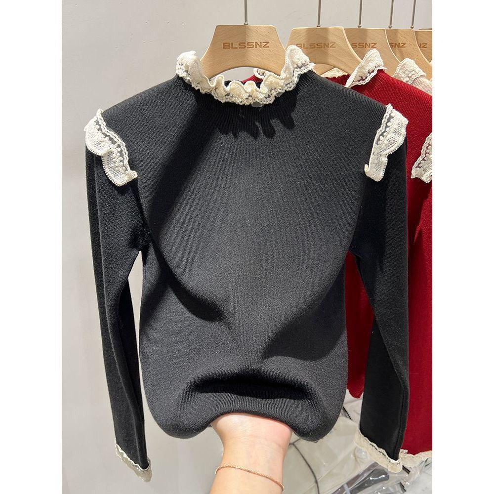 2025 Autumn Women's Apricot Lace Patchwork Knitted Sweater