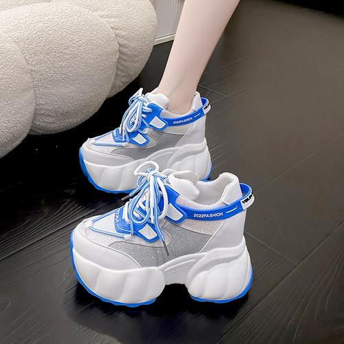 Мода 2024 Zapatillas Mujer Новые женские блестящие массивные кроссовки дышащая спортивная обувь на платформе женская повседневная обувь на шнуровке с толстой подошвой 34 синий 5355₽