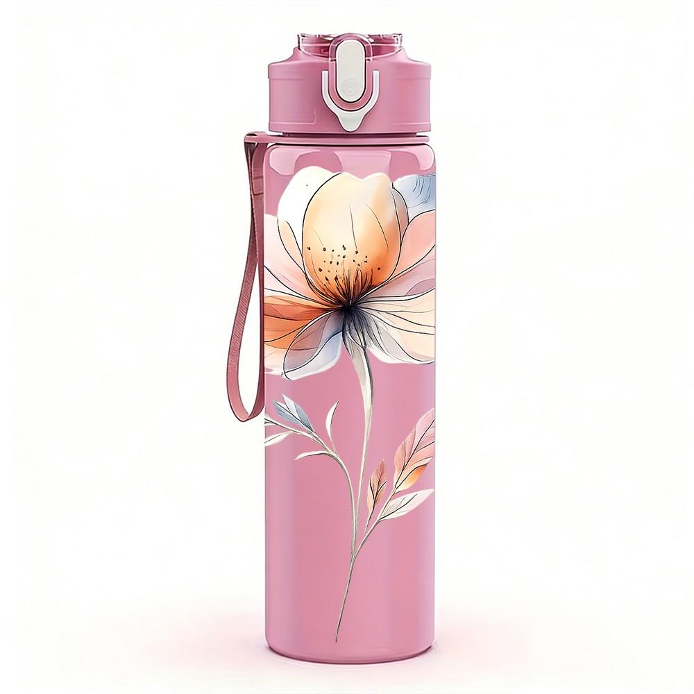 1PC Single Soft Pastel Poppy Flower Print 750ml Color Plastic Sports Water Bottle Leakproof Flip Straw Lid Suitable for Sports Office Home Use