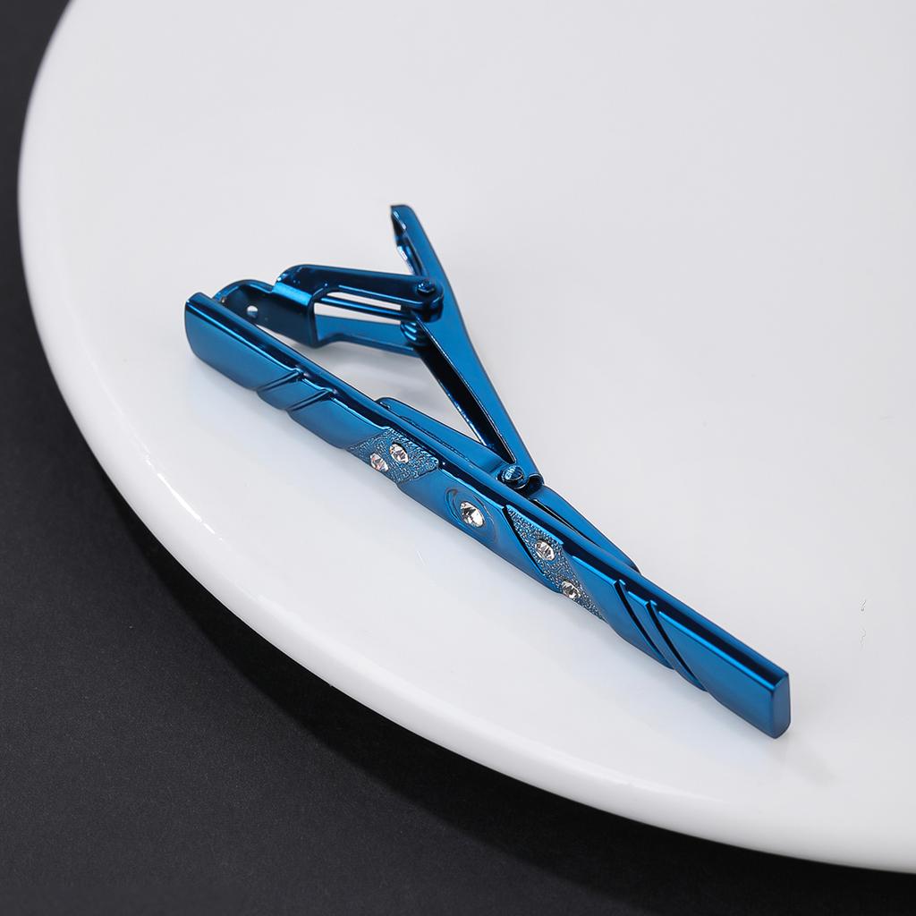 Tie Clip for Men Luxurious Diamond Inlays Alloy Necktie Clasp Tie Bar Pinch Clips Brass Blue Buckle for Wedding Business