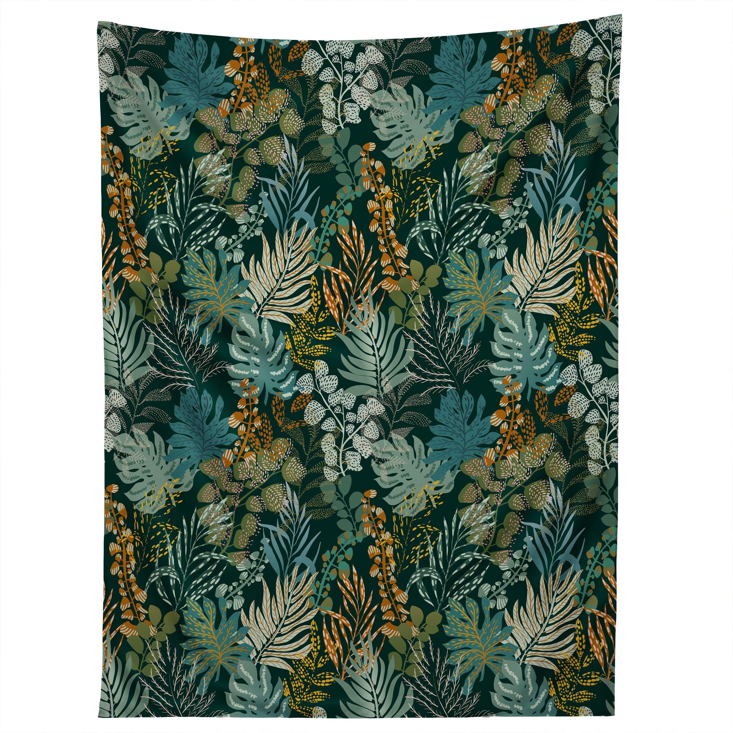 TROPICAL NIGHT EMERALD LEAVES tapestry 75x100