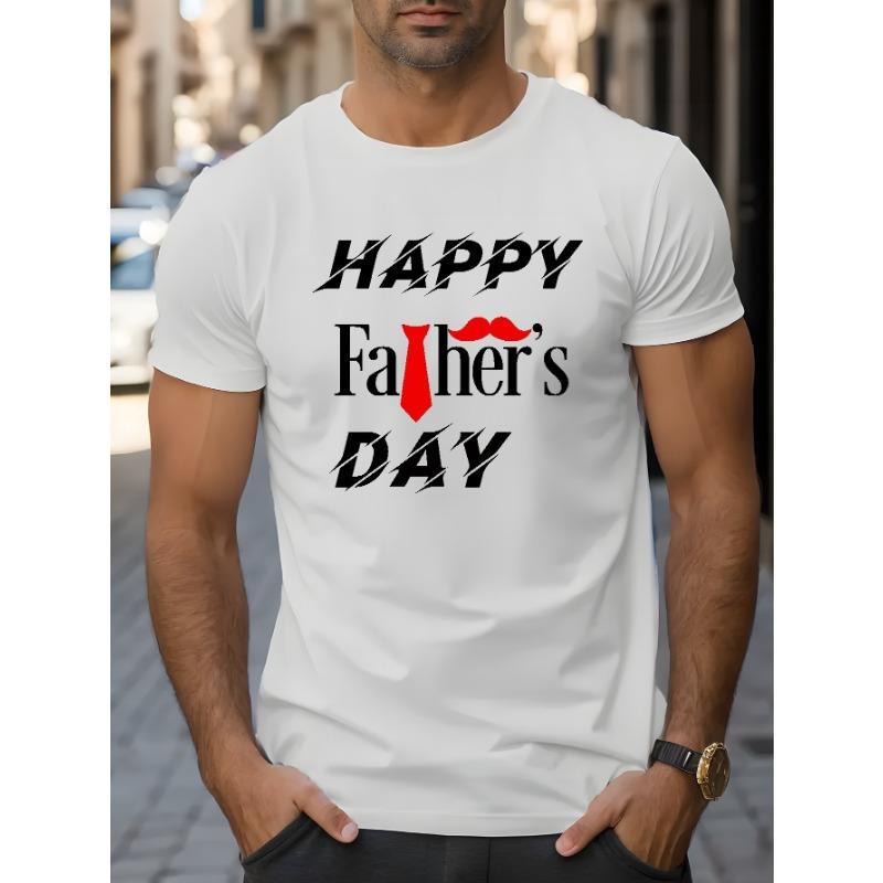 Happy Father's Day Print, Men's Trendy Comfy T-shirt, Casual Stretchy Breathable Short Sleeve Tee For Summer