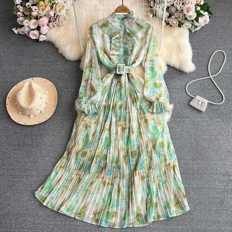 

Ретро Изящное Платье Элегантность со Стойкой Воротником и Длинными Рукавами Green All yards