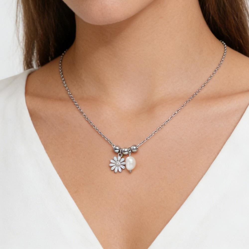Enamel Plumeria Daisy Flower Pearl Pendant Necklaces for Women Girls Stainless Steel Imitation Pearl Gold Color Jewelry Gift