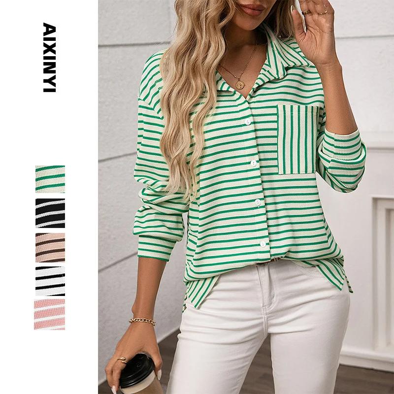 

Women Casual Loose Stripe Shirt With Pocket For Daily Wear XXL зелений