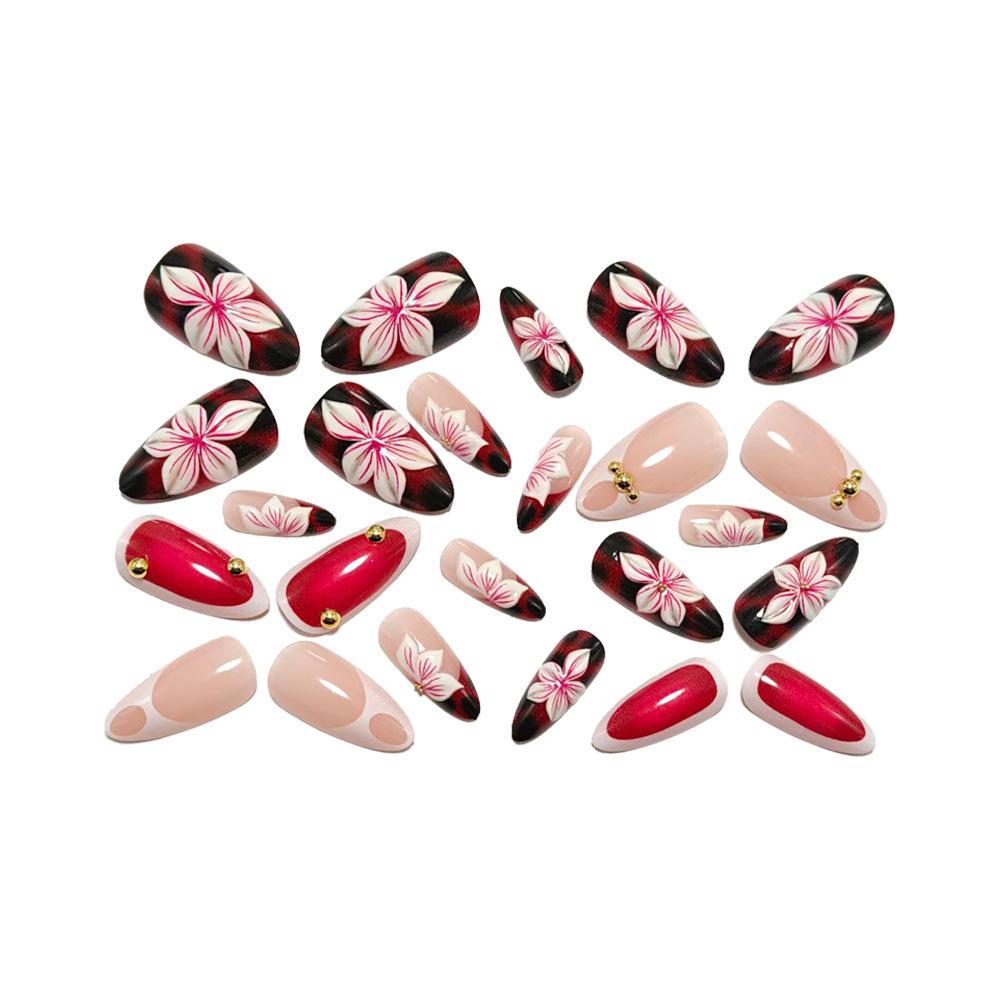 3D Pink Flower Leopard Print Almond Medium-Long French Wearable Nail Tips
