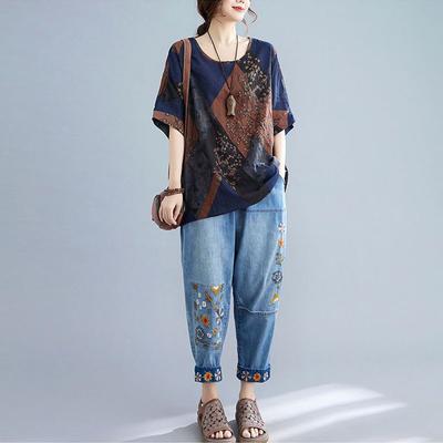 Literarisches Retro-bedrucktes Rundhals-T-Shirt aus Baumwollleinen mit mittleren Ärmeln für Damen im Sommer, dünne, lockere und vielseitige Leinenkleidung