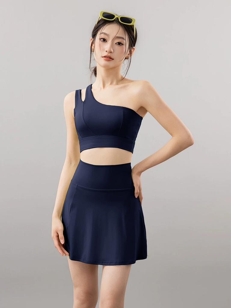 European and American Spring and Autumn New Style One-Shoulder Fitness Bra for Women, Sports Casual One-Shoulder Yoga Fitness Sports Skirt Two-Piece