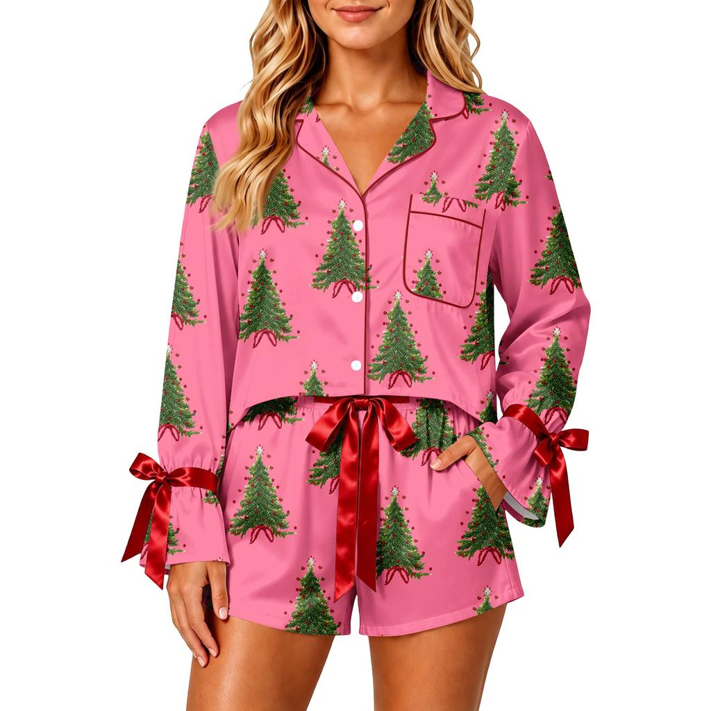 Women's Christmas Two Piece Pajama Set with Button Down Shirt and Shorts Sleepwear