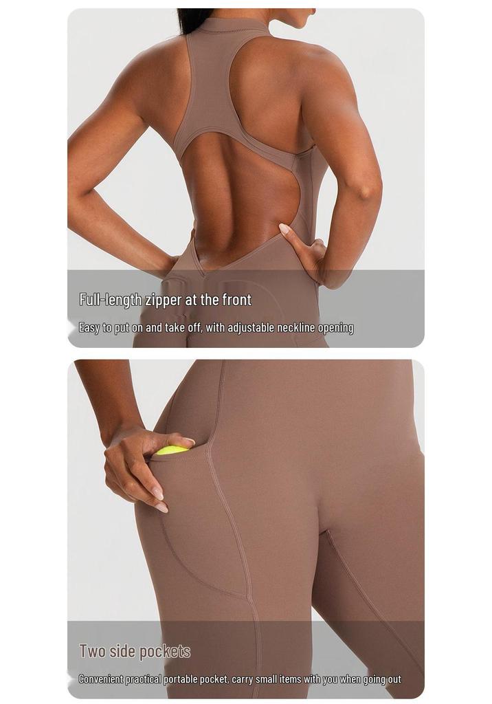 European and American Sleeveless Yoga Bodysuit with Strap Pocket, Sexy Open Back, Hip Lifting Flared Jumpsuit