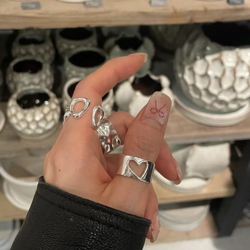 BF CLUB Silver Color Heart Hollow Rings for Women men Fashion Geometric Handmade Irregular Vintage Ring Party Christmas Gift