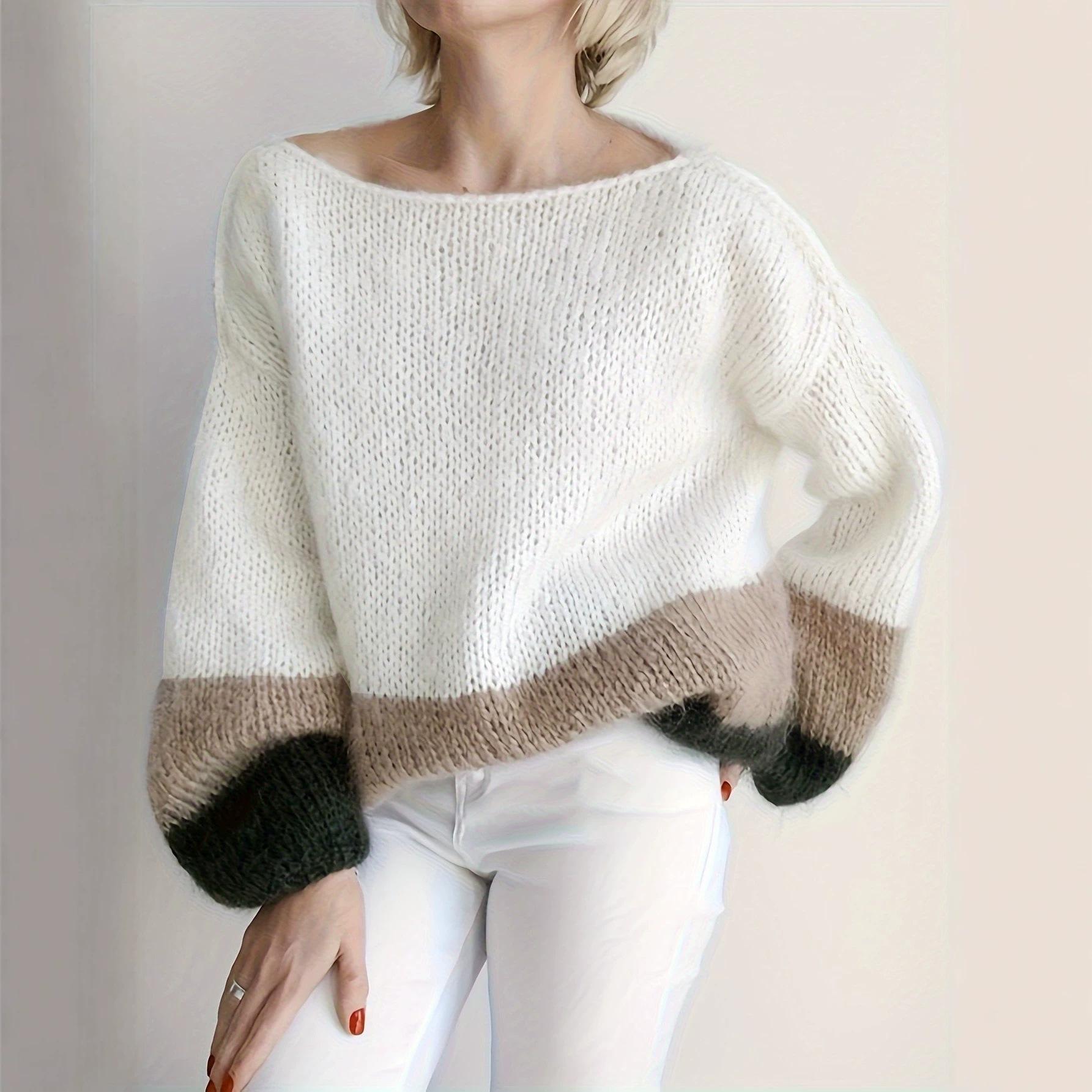 Women S Loose Fit Off Shoulder Color Block Knit Sweater S