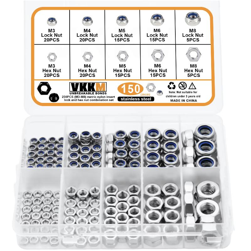 

230шт (М3-М8) комбинированный комплект из метрического нейлонового замка и шестигранной гайки