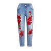 Women's Mid Rise Rose Floral Embroidery Straight Leg Jeans Distressed Cuffed Denim Pants Streetwear Casual Long Trousers