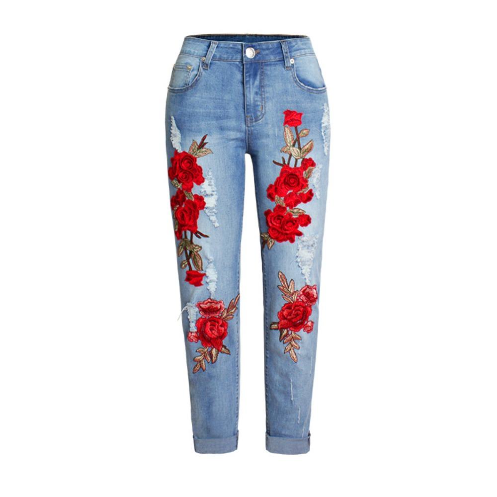 Women's Mid Rise Rose Floral Embroidery Straight Leg Jeans Distressed Cuffed Denim Pants Streetwear Casual Long Trousers