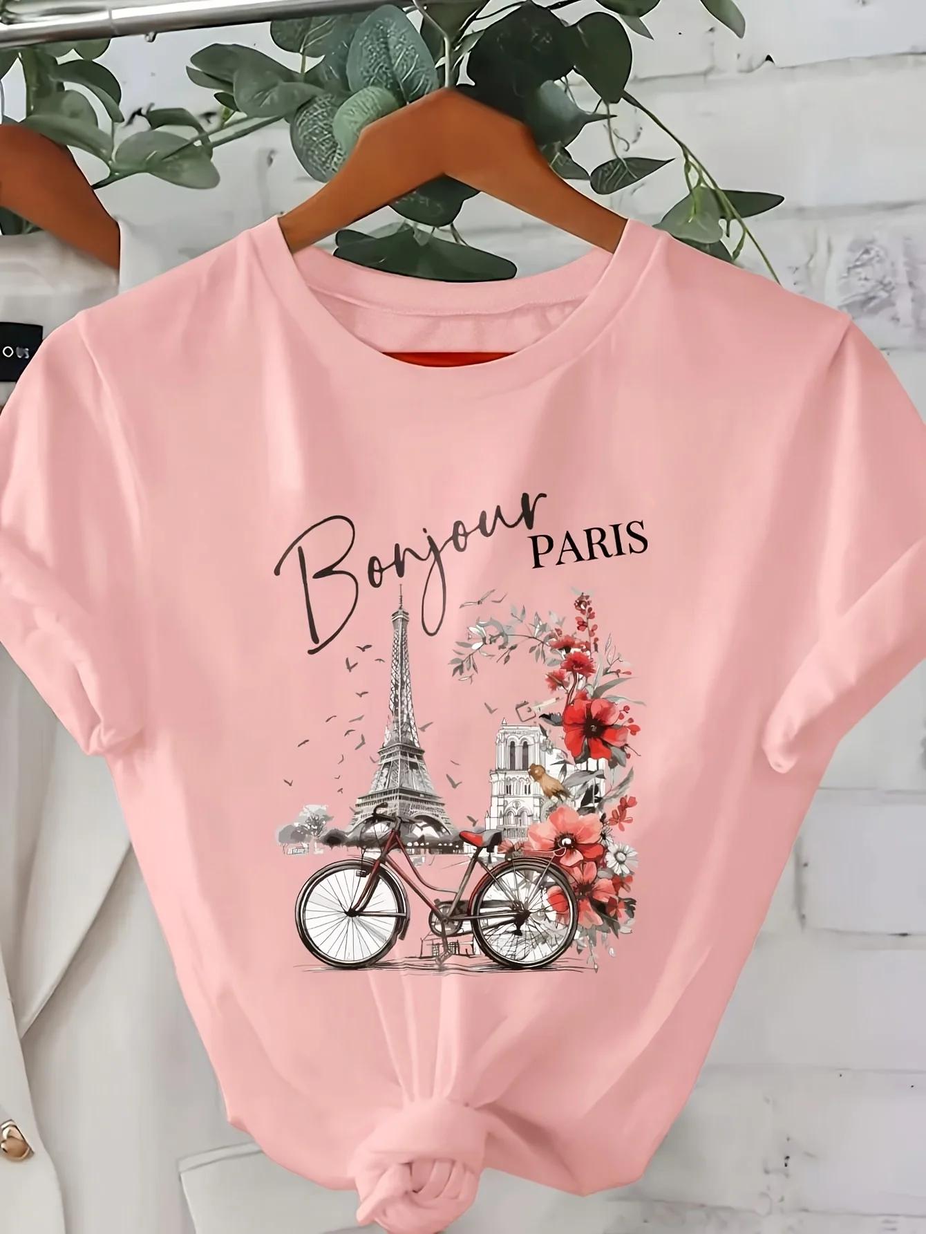 

WomenS Bonjour Paris Graphic Tee Casual Crew Neck Short Sleeve TShirt with Eiffel Tower Vintage Bicycle Design Floral Accents S