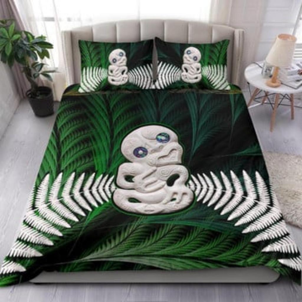 Duvet Cover Set Pikorua Double Twist Silver Fern Paua Shell Aotearoa New Zealand Bedding Set Tmarc Tee