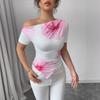 Women's Asymmetric Off Shoulder Short Sleeve Floral Print Slim Fit Irregular Hem Crop Top Casual T Shirt