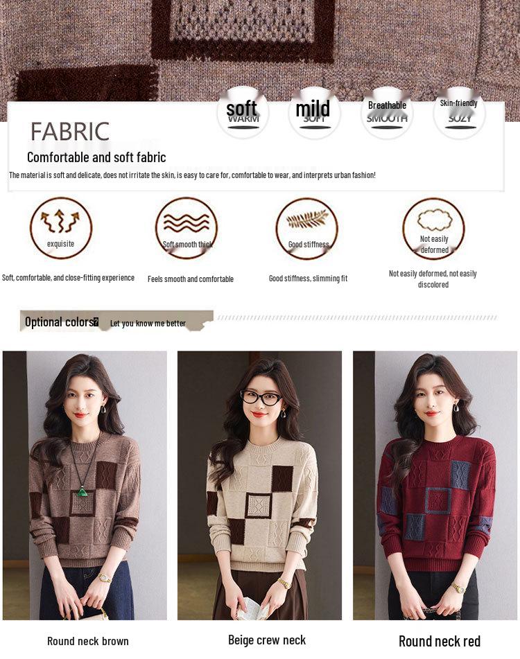 Autumn/Winter Women's Color Block Knitted Round Neck Sweater - Slimming & Stylish Base Layer