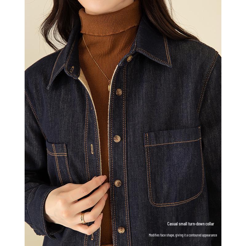 

Женская джинсовая куртка-рубашка Xin Ge на флисовой подкладке - Зимний многослойный верх Extra Large джинсовый синий