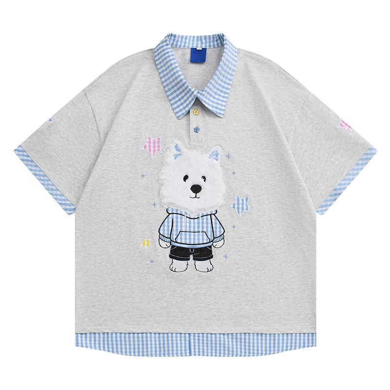 Cartoon puppy sweet cool splicing plaid fake two-piece POLO shirt short-sleeved t-shirt men s and women s summer loose top 2026 S