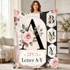 Floral Monogram Letter Set Coral Fleece Blanket