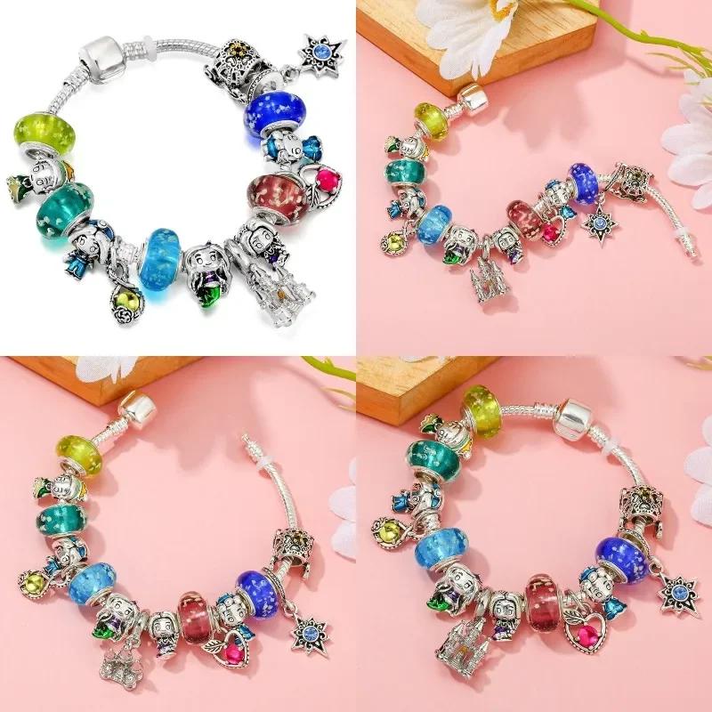 Colors Enamel Disney Princess Dress Charms Pulseiras for Girls Colorful Glass Beads Bracelets&Bangles Women Cartoon Skirt Dangle