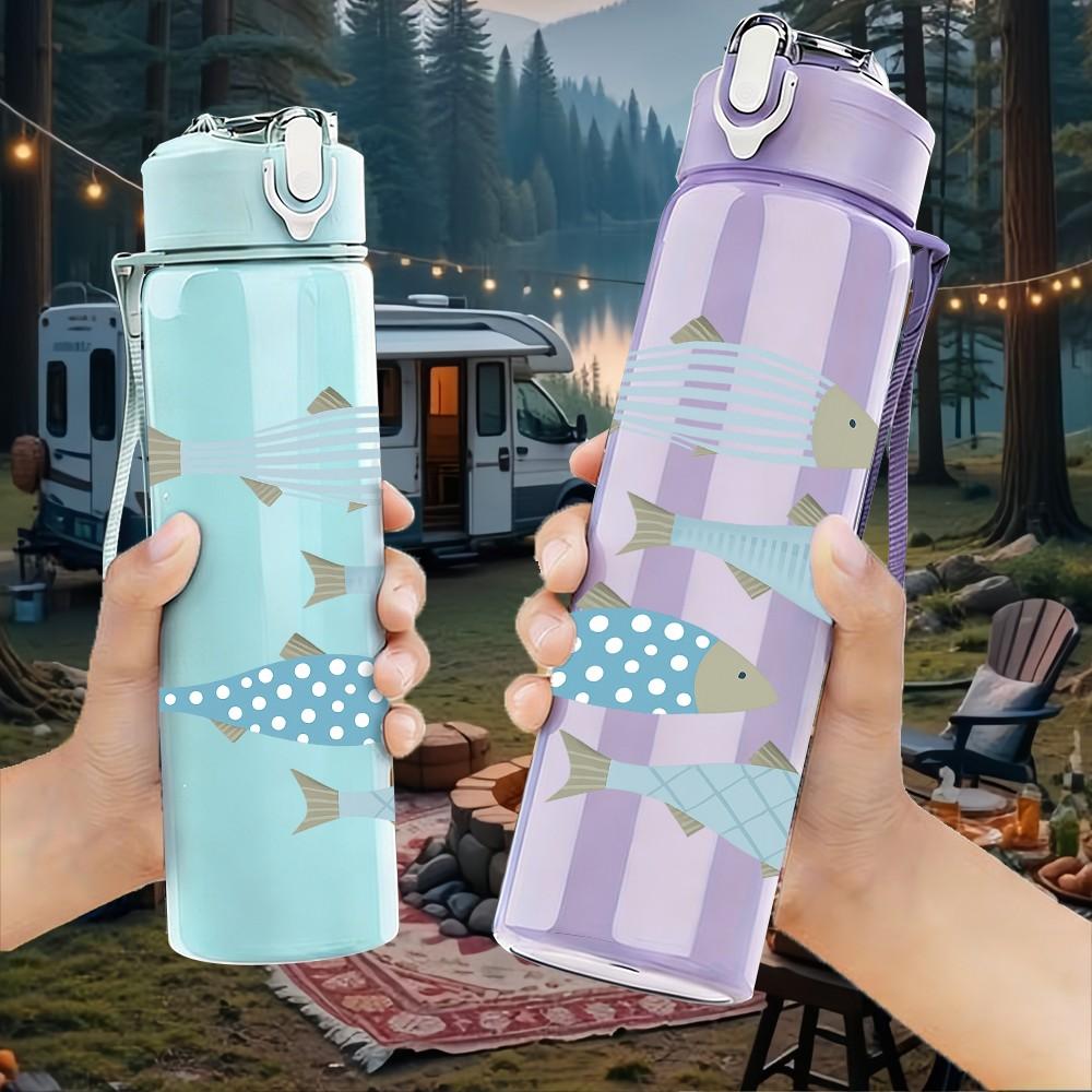1PC School Of Fish Light Blue Print 750ml Color Plastic Sports Water Bottle Leakproof Flip Straw Lid Suitable for Sports Office Home Use