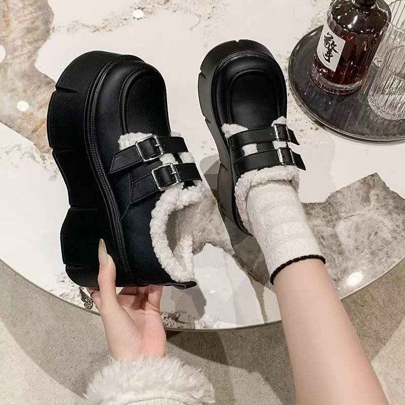 Brown fluffy shoes winter snow cotton shoes muffin platform British velvet small leather shoes