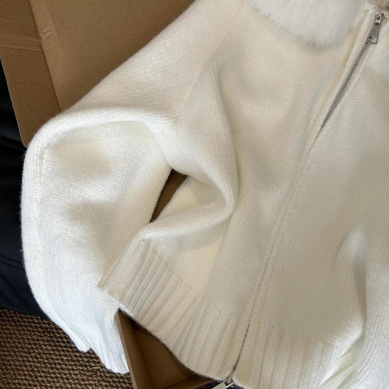 Women Autumn Winter Hooded Faux Fur Collar Sweater Coat Jacket Women Zipper Cardigan Female Long Sleeve White Knitted Sweaters