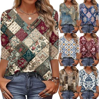 Women's T Shirt Print 3/4 Sleeve Daily Weekend Fashion Basic V- Neck Regular Top