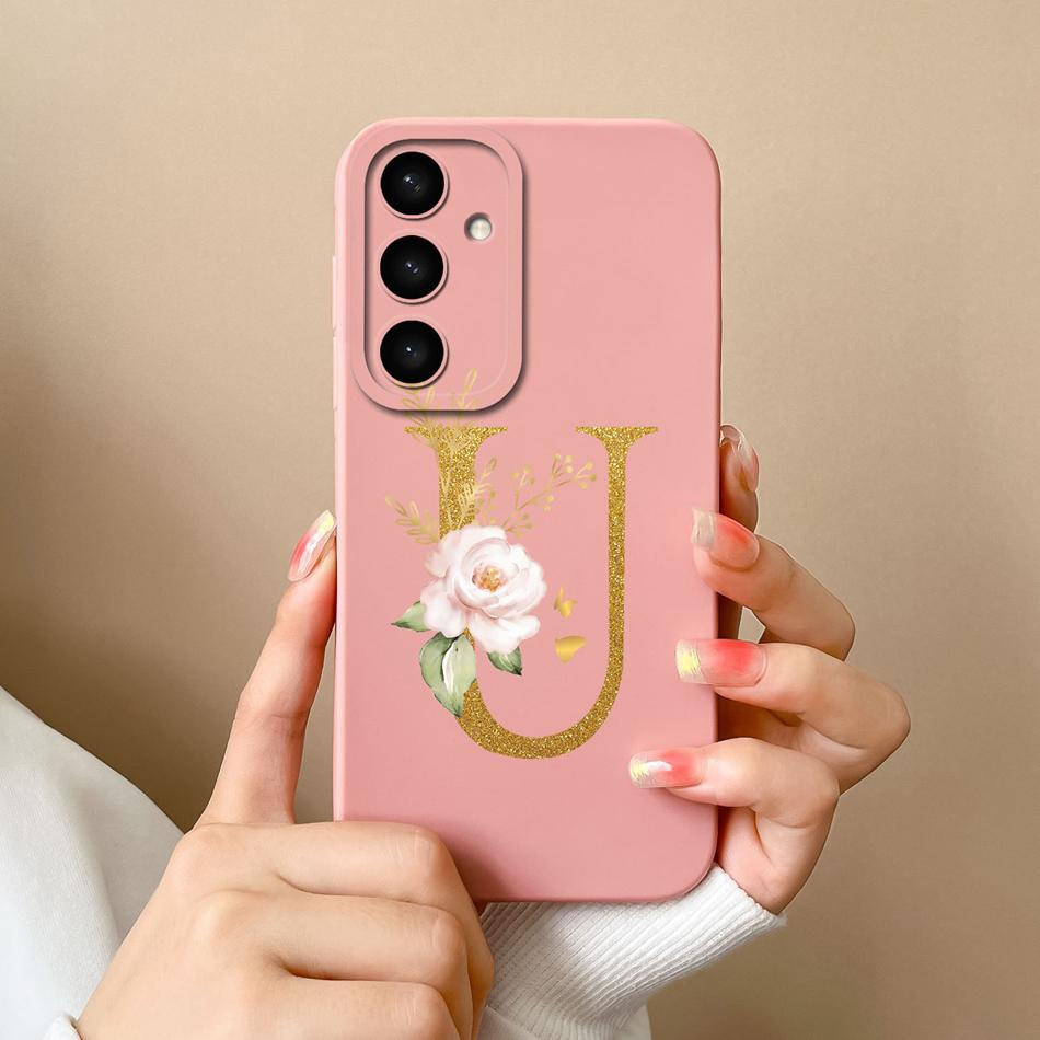 Simple Case For Samsung S24 FE Name Letter Soft Slim Liquid Silicone Funda For Galaxy S 24 S24FE Lens Protective Back Cover Capa