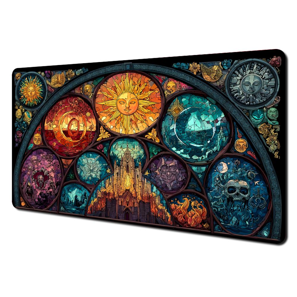 Vintage Stained Glass Tarot Large Playmat Sun Mystic Art Xxl Desk Mat NonSlip Rubber Lock Edge Mouse Pad For Tcg Game Office