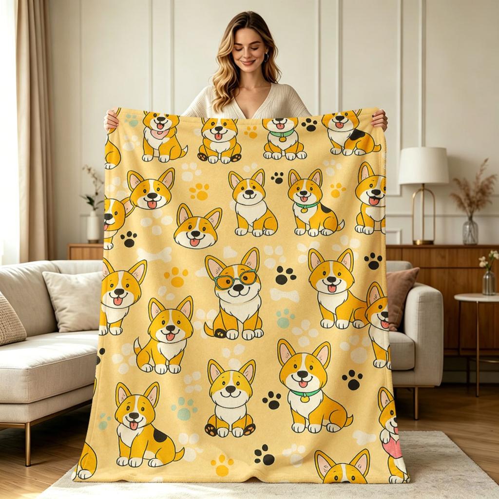 Soft Cozy Flannel Corgi Paw Bone Print Blanket All Season Warm Throw Blanket for Sofa Couch Bedroom Office Living Room Home Decorative All Year Use