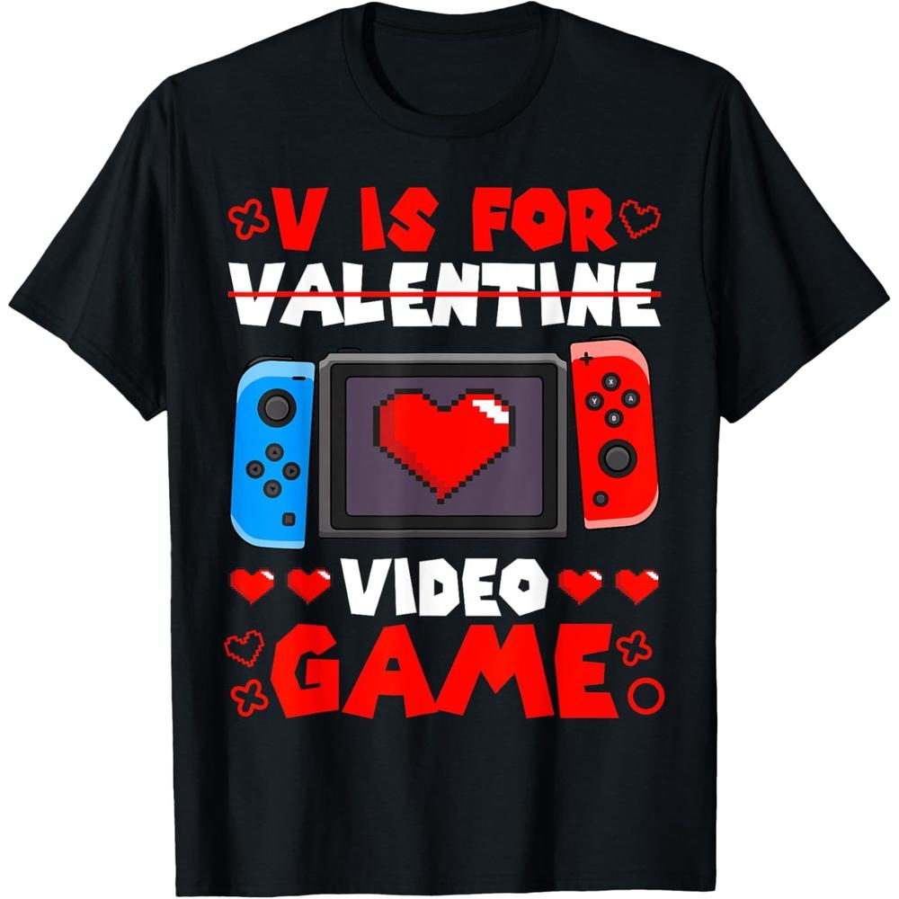 V Is For Video Games Valentine Gamer Valentines Day Men Boy T-Shirt XS