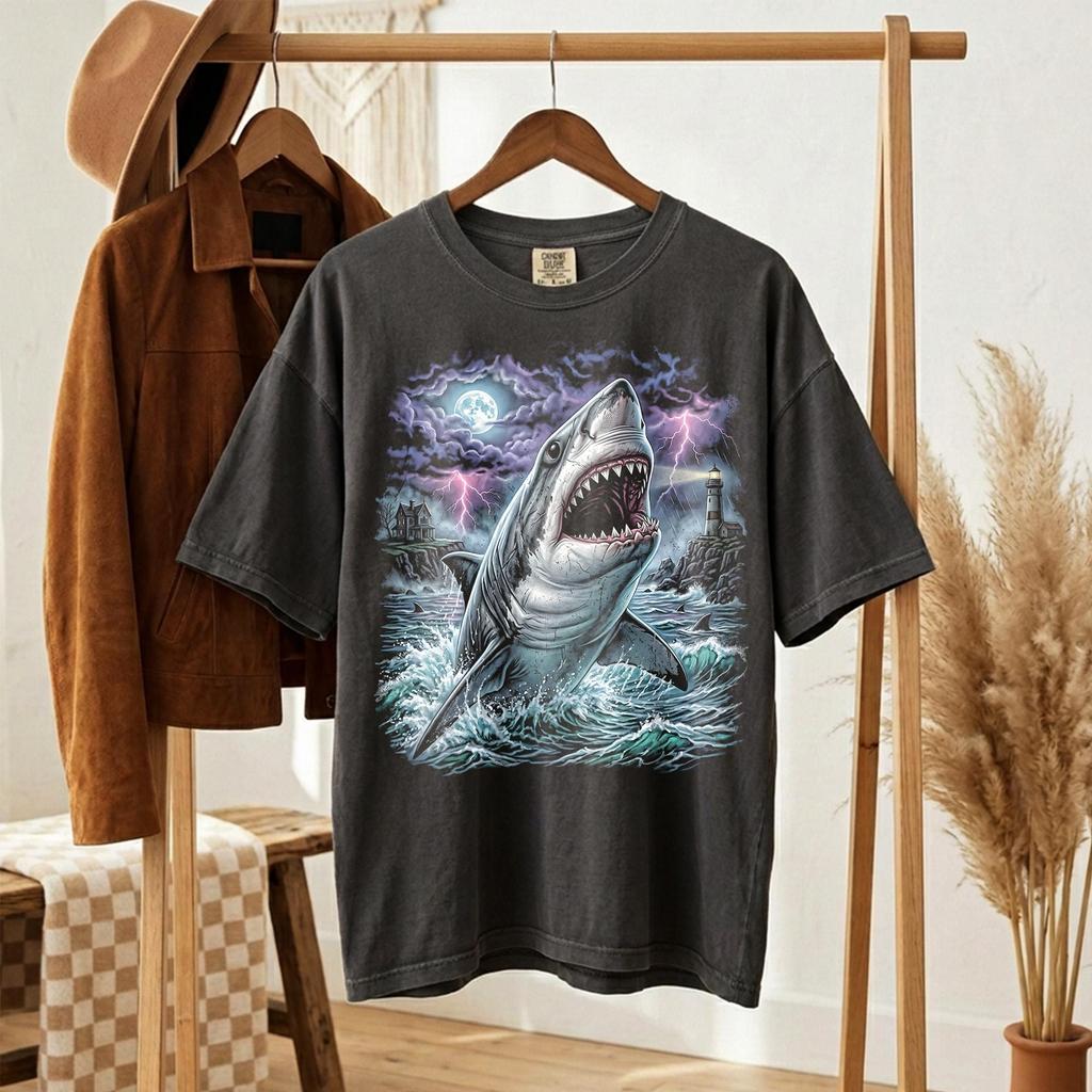 Shark Shirt, Great White Shark Graphic Tee, Vintage 90s Ocean Storm T-Shirt, Retro Gothic Sea Life Shirt, Marine Wildlife Gift