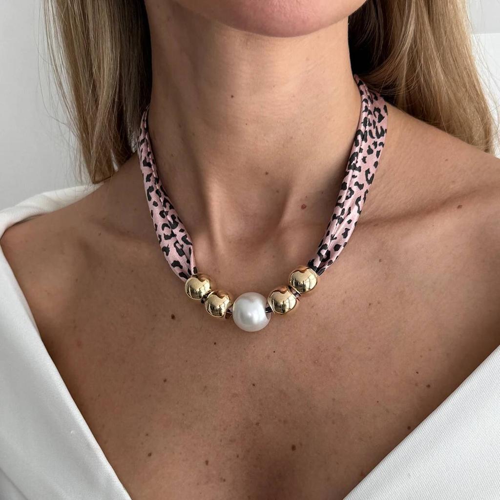 Ingemark 6 Colors Elegant Leopard Print Chiffon Silk Chokers Necklace Women Retro Imitation Pearl Clavicle Chain Party Jewelry