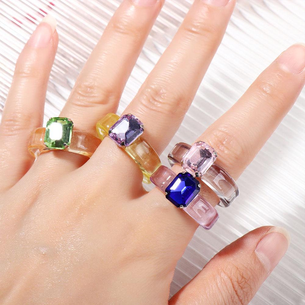Trendy Rhinestone Jelly Color Acrylic Cool Resin Rings Transparent Fashion Jewelry Finger Ring