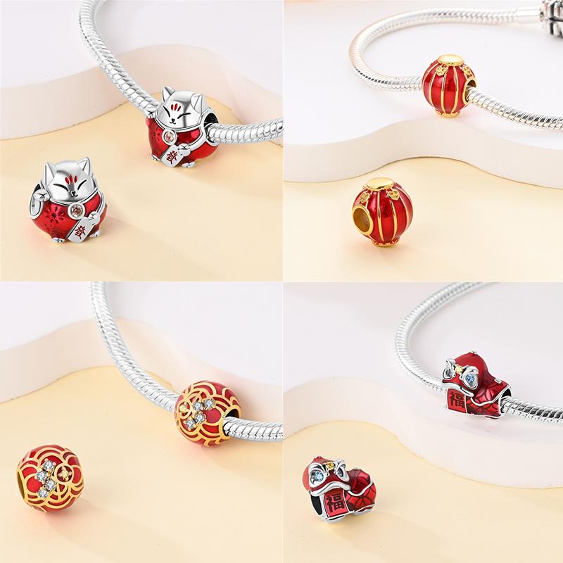 New Year'S Traditional Charms Beads Copper Fortune Cat Dragon Dangle Fit Bangle Bracelet Necklace Diy Jewelry