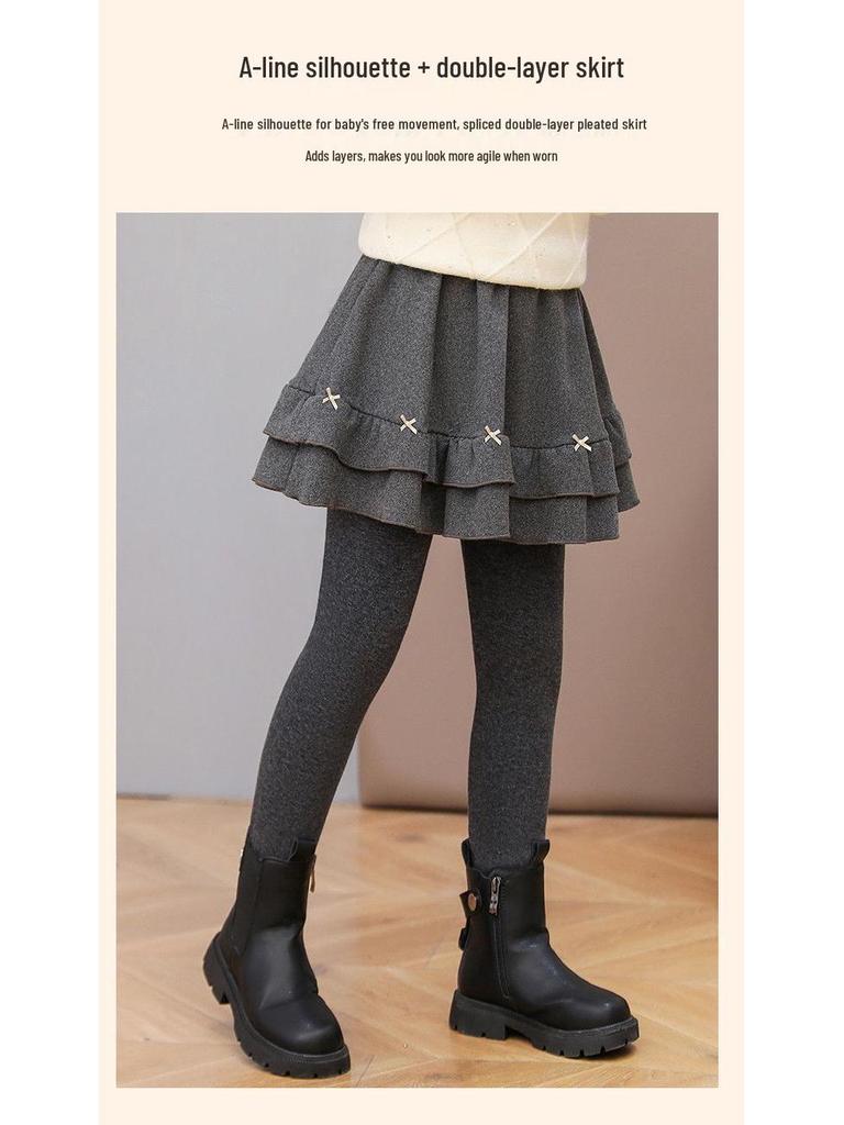 Girls' Fleece-Lined Skirt Leggings - Thickened Two-Piece for Autumn & Winter