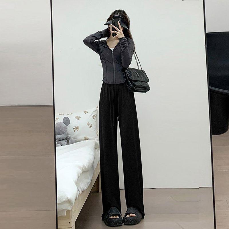 

Women s Blue Ice Silk High-Waist Drape Pants - Spring/Summer Straight-Leg Wide Loose Fit S 70-95 lbs Premium Fabric