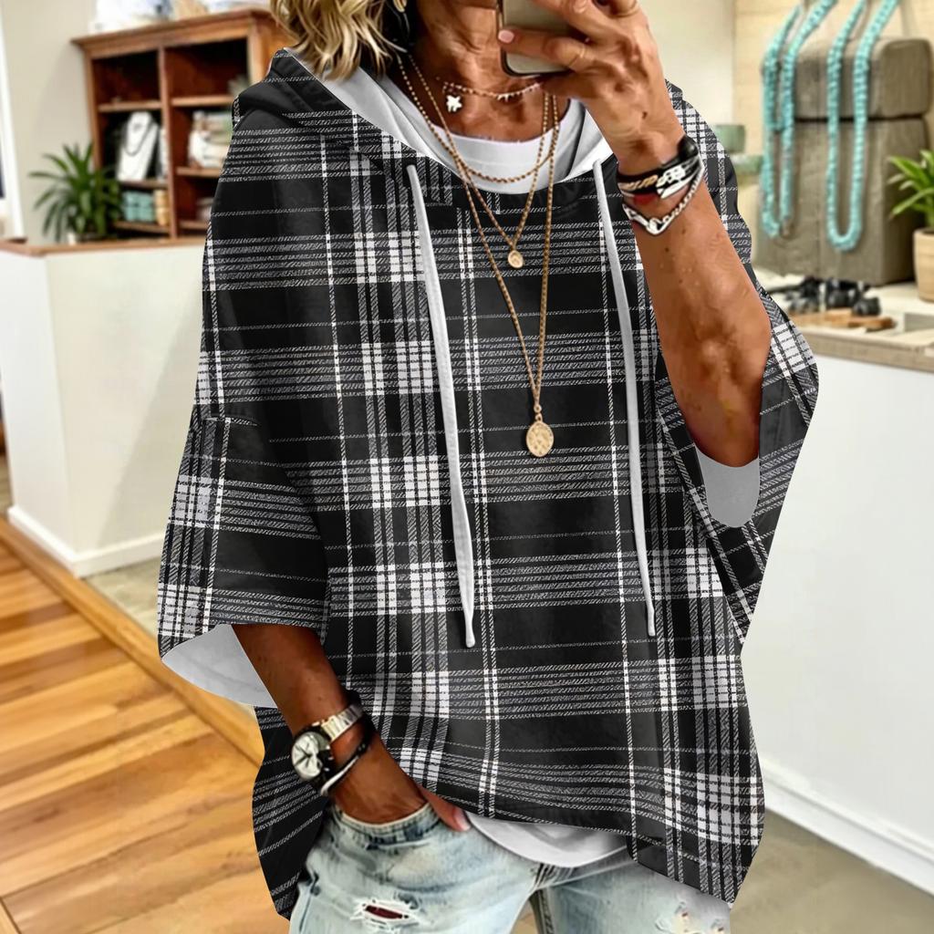 Women's Fashion Printed Loose Fit Hoodie with Three-Quarter Sleeves for Casual Everyday Wear