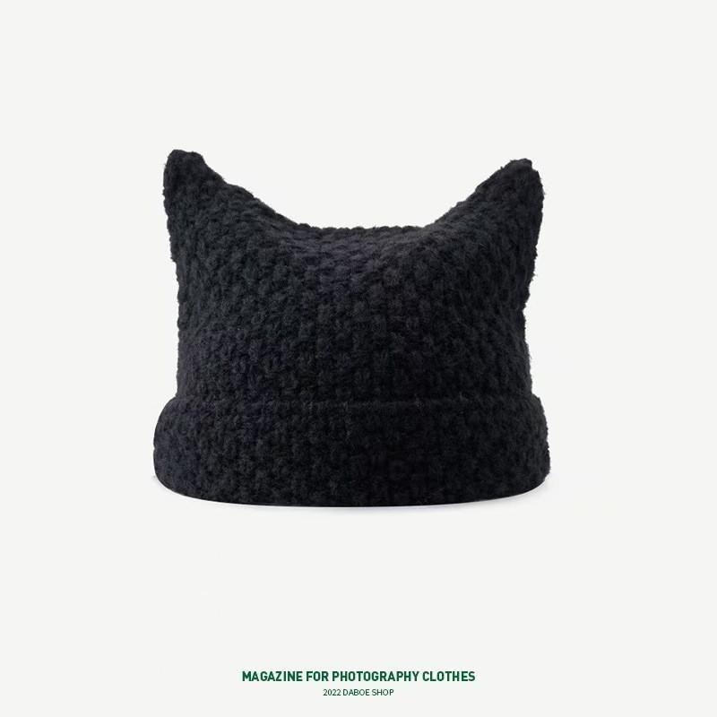 Cute Cat Ear Beanie Women Warm Knit Hat With Ears Slimming Face Effect Winter Accessory