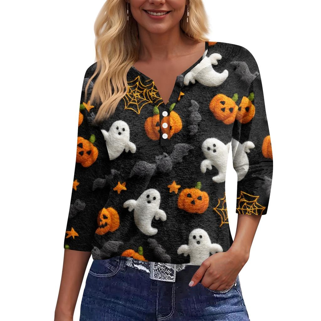 Women's T Shirt Tee Print Button  3/4 SleeveDaily Weekend Fashion Basic V- Neck Regular Top