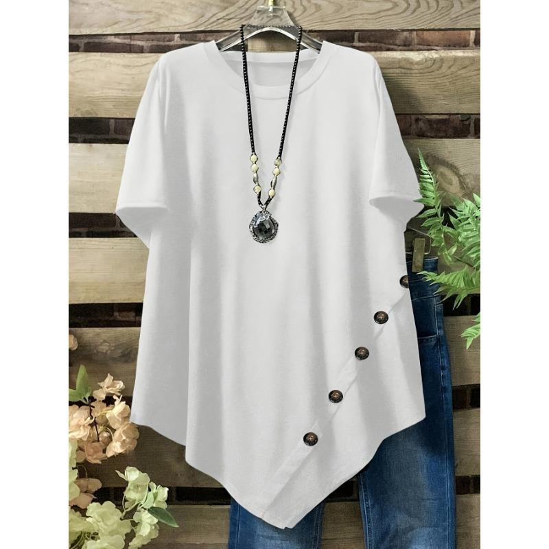 Plus Size Women s Solid Color T-Shirt Short Sleeve Crew Neck Asymmetrical Hem Button Detail Casual Top 1XL белый