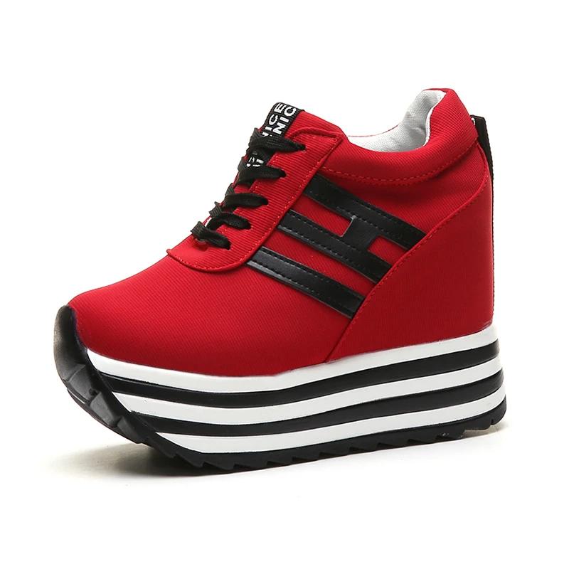 Dámské módní tenisky, módní dámské boty na platformě, zvyšující výšku 10 cm, prodyšné šněrovací klínky, tenisky, plátěné boty na volný čas