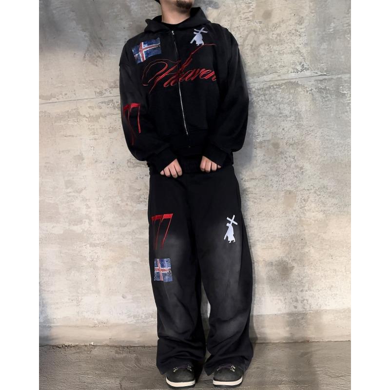 High Street Hip Hop Letter Graphic Print Zipper Cardigan Hoodies Men Y2K Popular White Trousers Sports 2-Piece Sets
