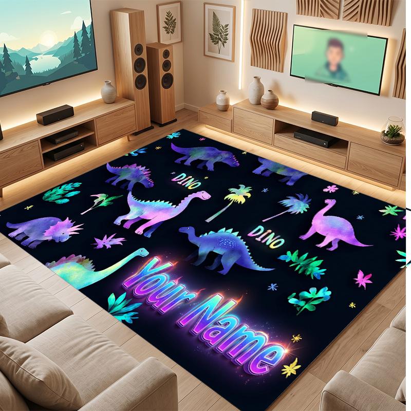 Dinosaur Theme Soft Crystal Velvet Rug Custom Name & Text Print Non Slip Floor Rug for Bedroom Living Room