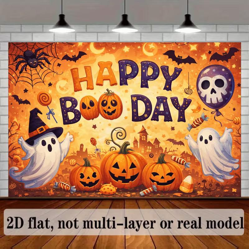 2D Spooky Halloween Boo Day Backdrop with Spider, Bats & Candy