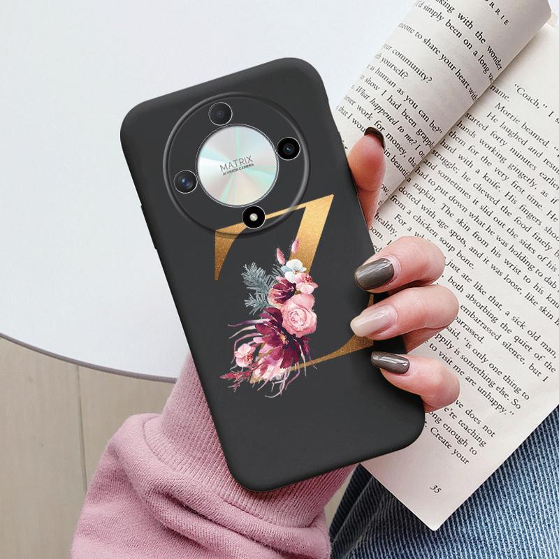 Buchstaben-Handyhülle für Honor X9b X9a Magic5 Lite Magic6 Lite 5G Hülle Retro-Blumen Rosa Schwarz Weiches TPU Initialen Silikon Fundas